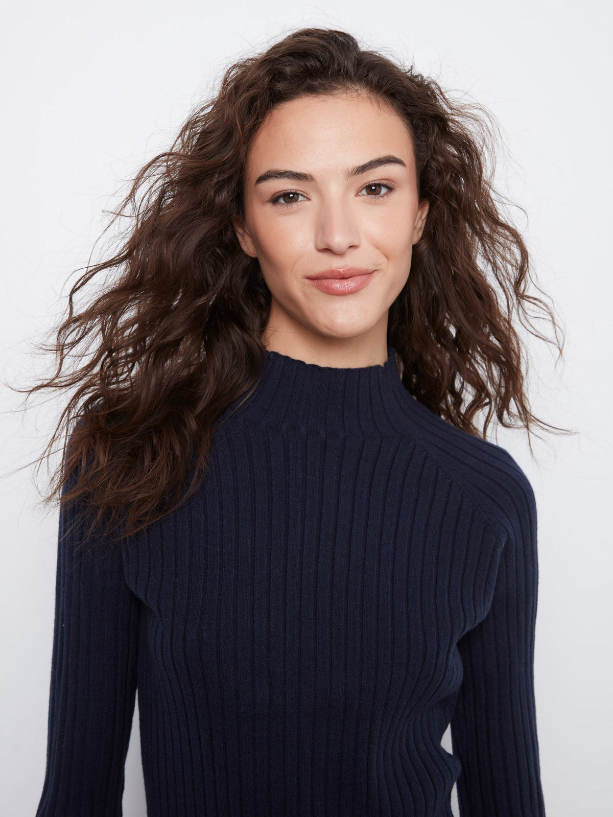 Ribbed Knit Mock Neck Sweater - Navy