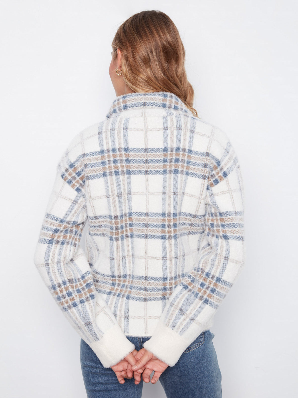 Short Plaid Knit Jacket - Ecru