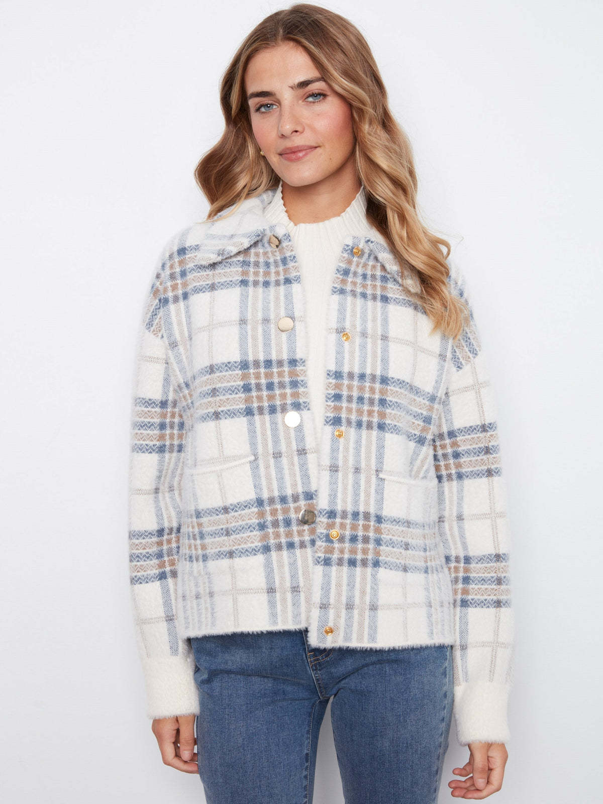 Short Plaid Knit Jacket - Ecru