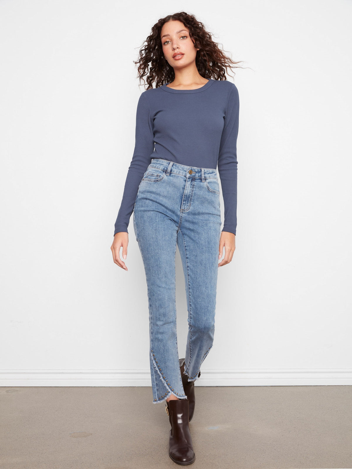 Slim Leg Jeans With Studded Tulip Hem - Medium Blue