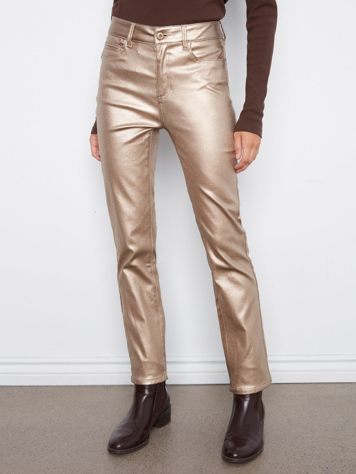 Slim Leg Metallic Wax Twill Pants - Brass