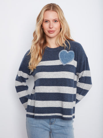 Striped Crew Neck Sweater With Heart Patch - Heather Denim