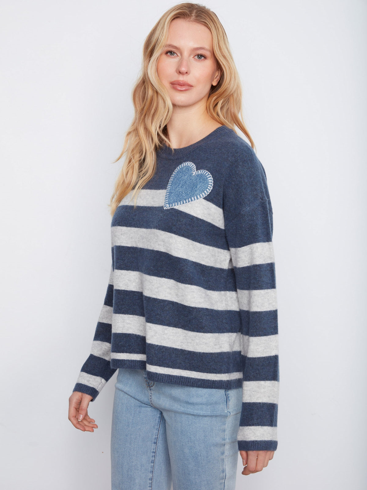 Striped Crew Neck Sweater With Heart Patch - Heather Denim