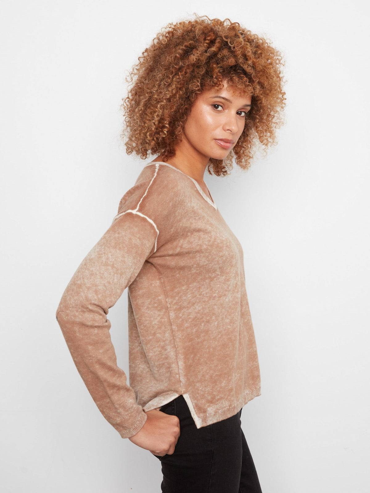Vintage Effect V-Neck Sweater Truffle