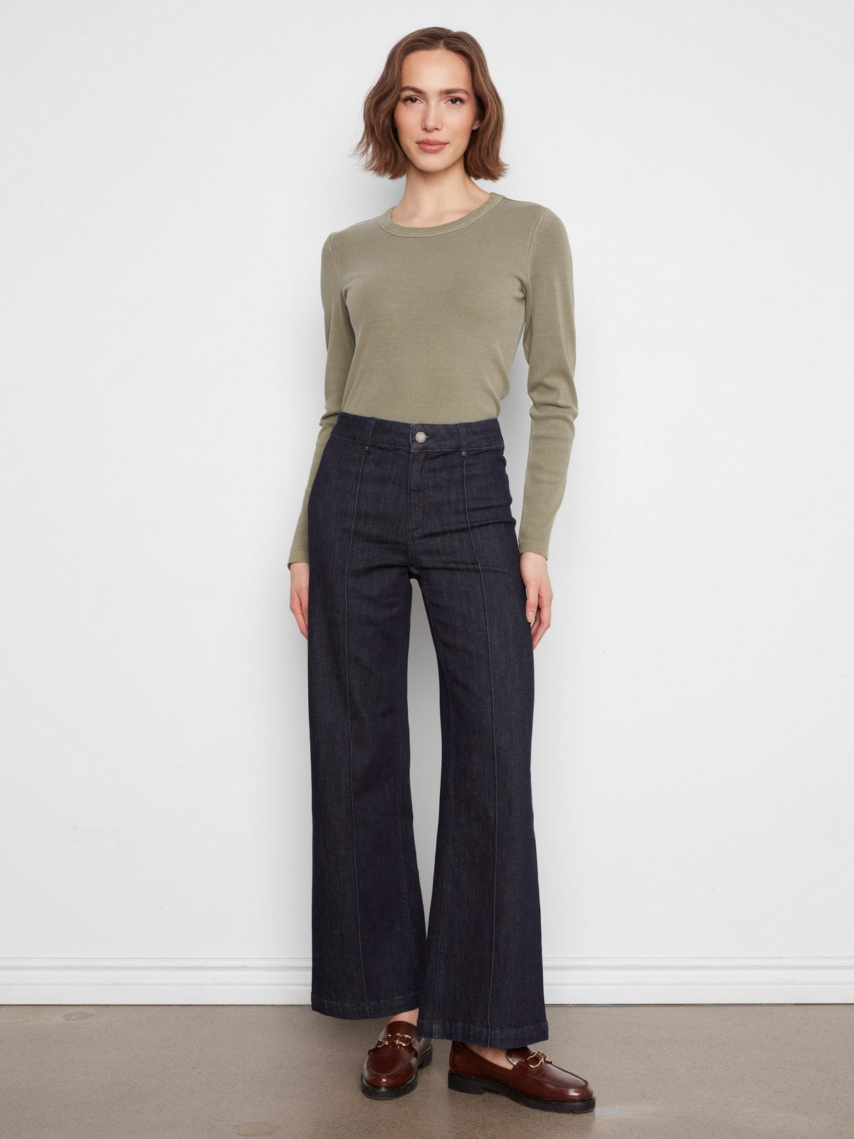 Wide Leg Jeans With Front Seam Detail - Midnight