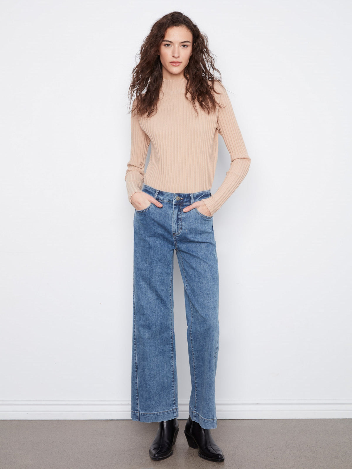Wide Leg Jeans With Side Panel Detail - Medium Blue