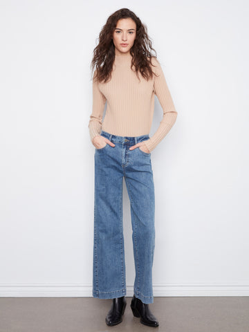 Wide Leg Jeans With Side Panel Detail - Medium Blue