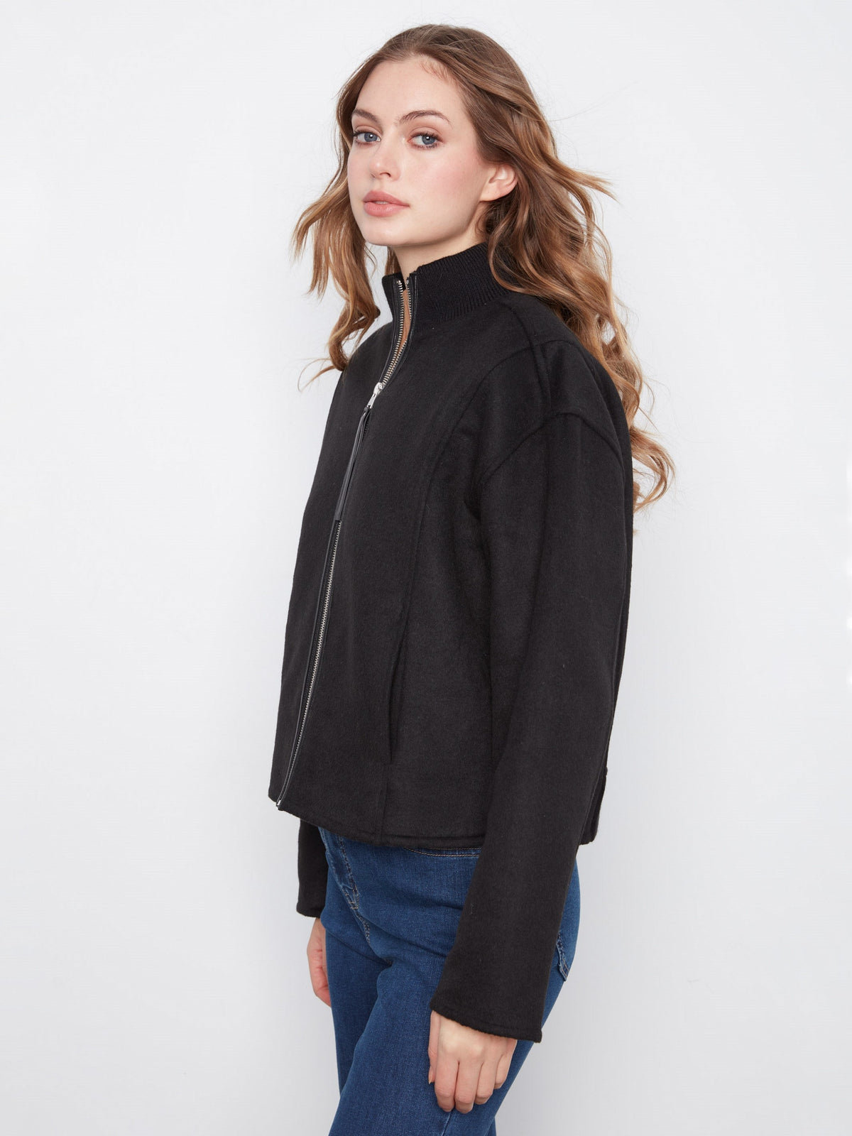 Wool Blend Bomber Jacket - Black