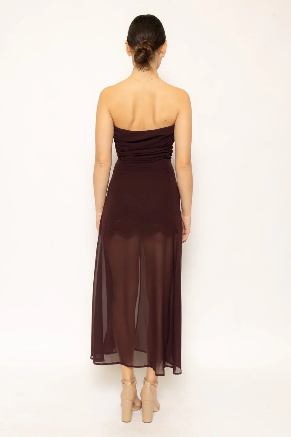 STRAPLESS SHIRRING SLIT MAXI DRESS
