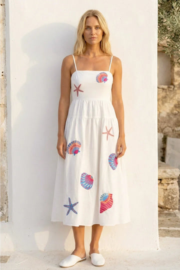 MARINE SHELL EMBROIDERED APPLIQUE MIDI DRESS