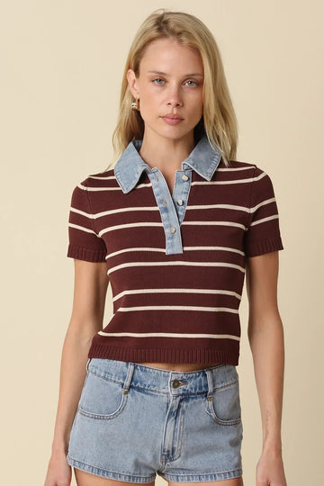 SHORT SLEEVE SWEATER WITH DENIM CONTRAST