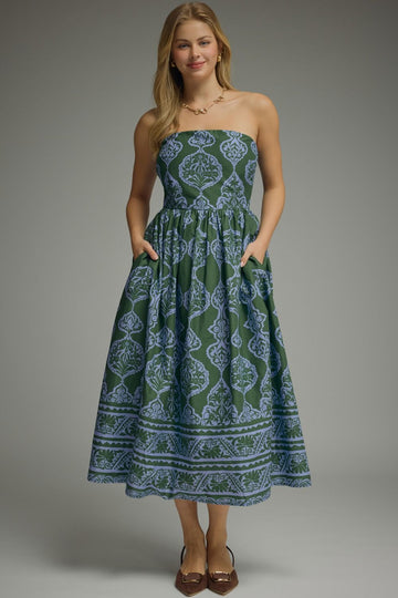 PRINTED STRAPLESS MIDI DRESS