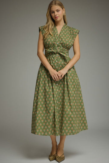 GEO PRINT SLEEVELESS MIDI DRESS