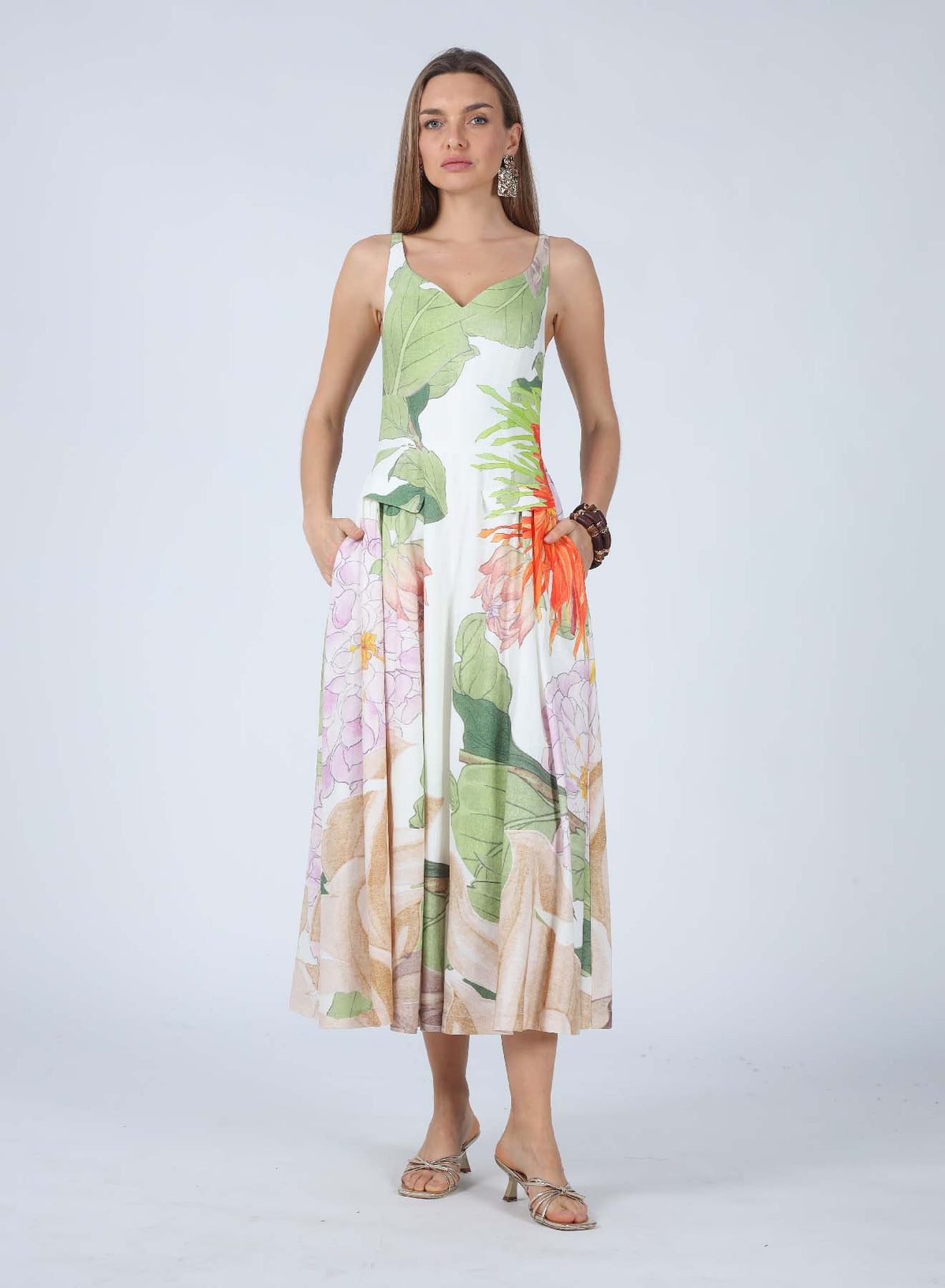 LAILA TROPICAL PRINT V-NECK MAXI DRESS