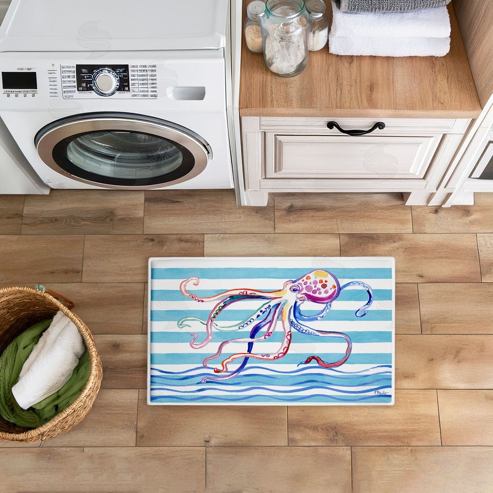 Paul Brent | Brushstroke Octopus on Stripes Plush Bath Mat
