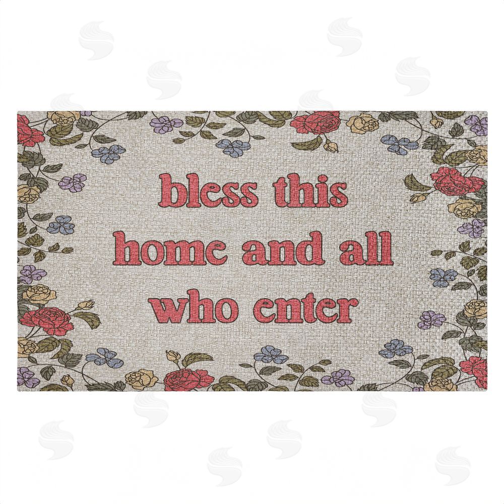 Stupell Studio | Retro Bless This Home Florals Faux Sisal Door Mat