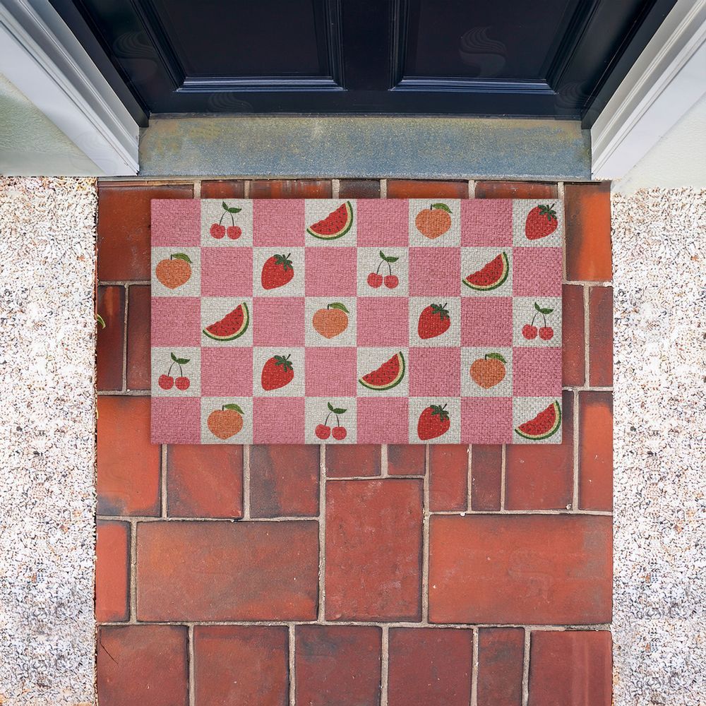 Stupell Studio | Pink Kitchen Fruits Checkered Faux Sisal Door Mat