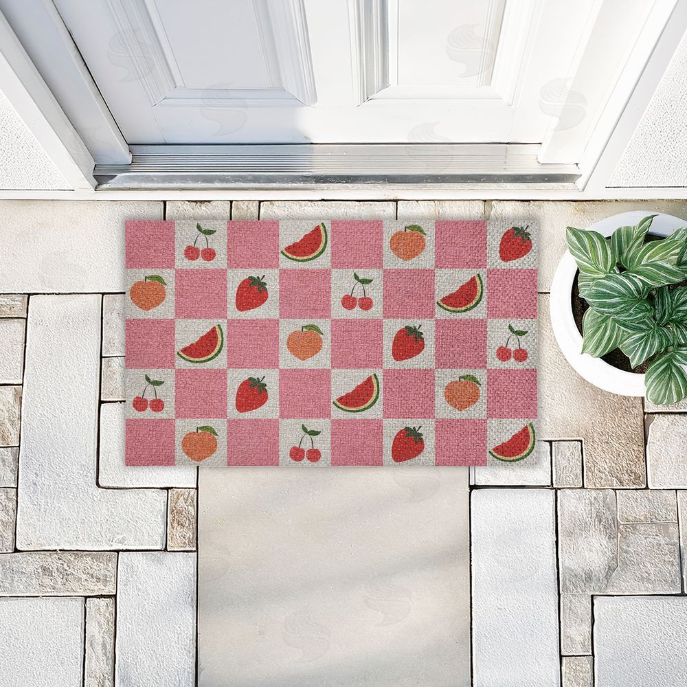Stupell Studio | Pink Kitchen Fruits Checkered Faux Sisal Door Mat
