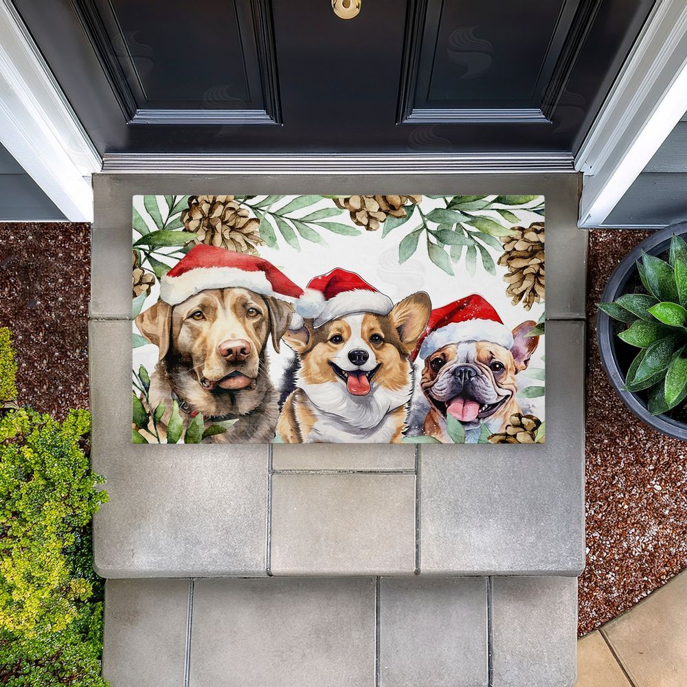 Kim Allen | Three Christmas Hat Dogs Non-Woven Door Mat