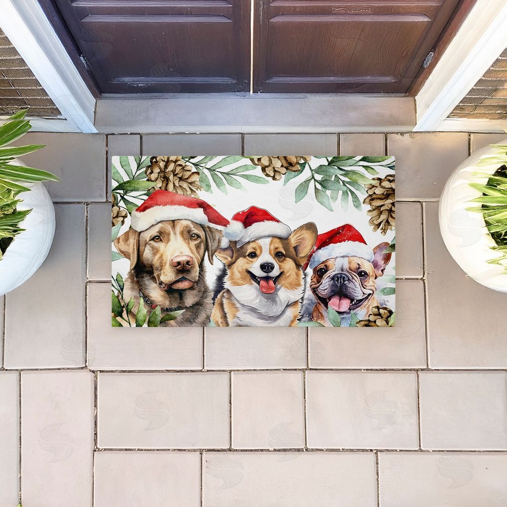 Kim Allen | Three Christmas Hat Dogs Non-Woven Door Mat