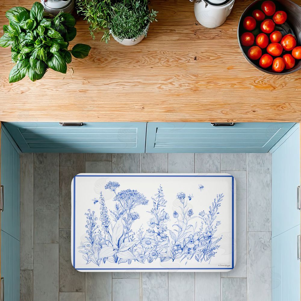 Susan Winget | Blue Toile Flowers Anti-Fatigue Mat