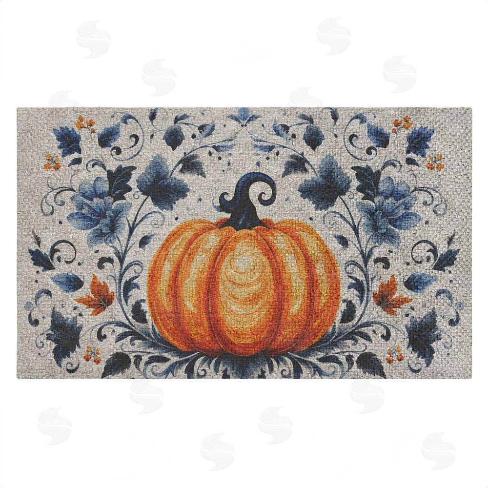 Creative Studio | Pumpkin With Blue Floral Background Faux Sisal Door Mat