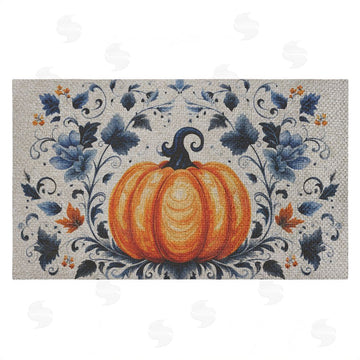 Creative Studio | Pumpkin With Blue Floral Background Faux Sisal Door Mat